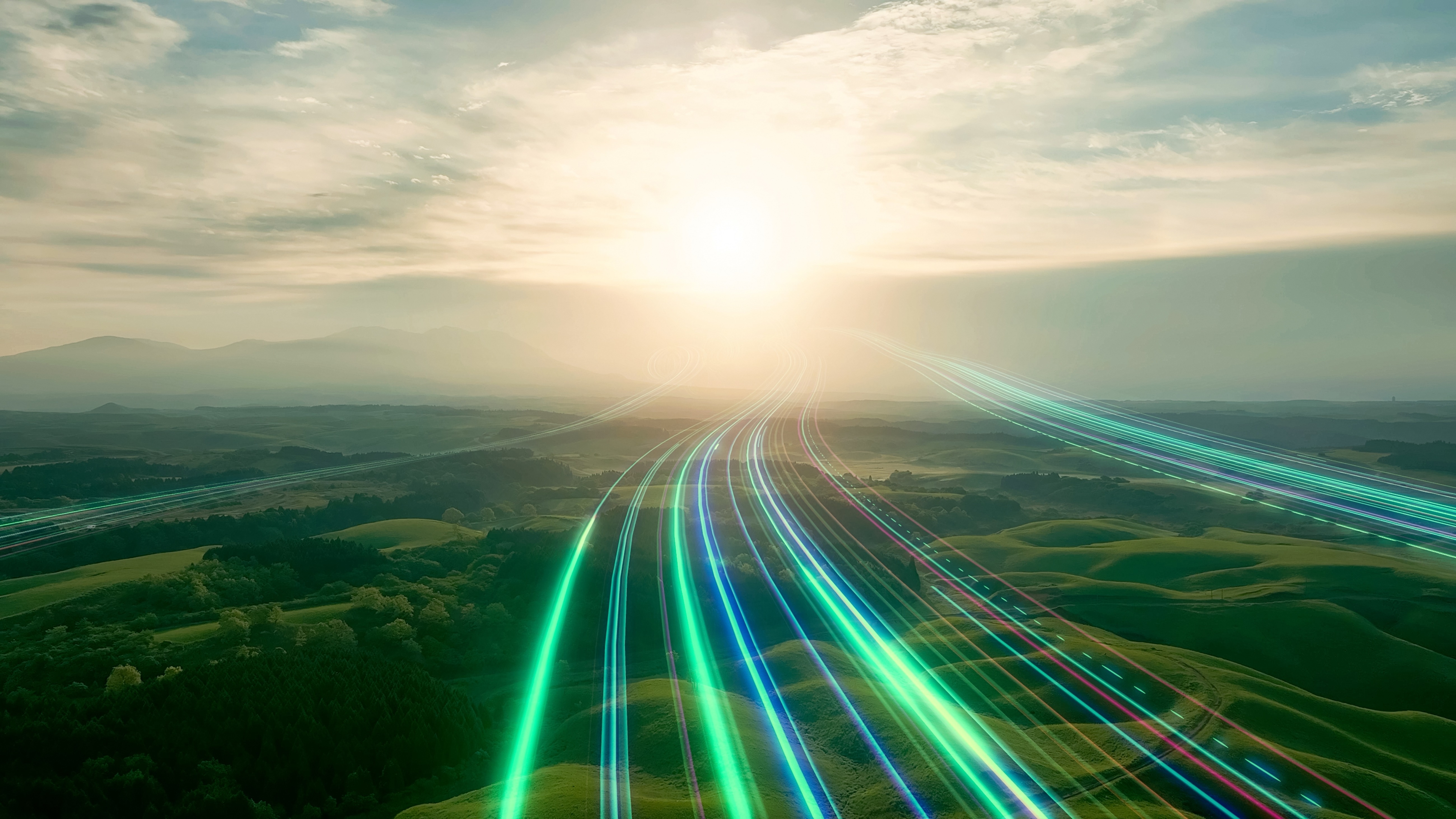 Foto van een landschap met groene lichtstroken
